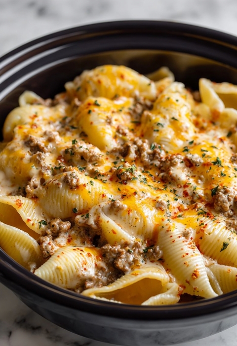 Slow Cooker Cheesy Ranch Beef Pasta Shells