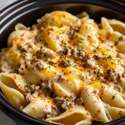 Slow Cooker Cheesy Ranch Beef Pasta Shells