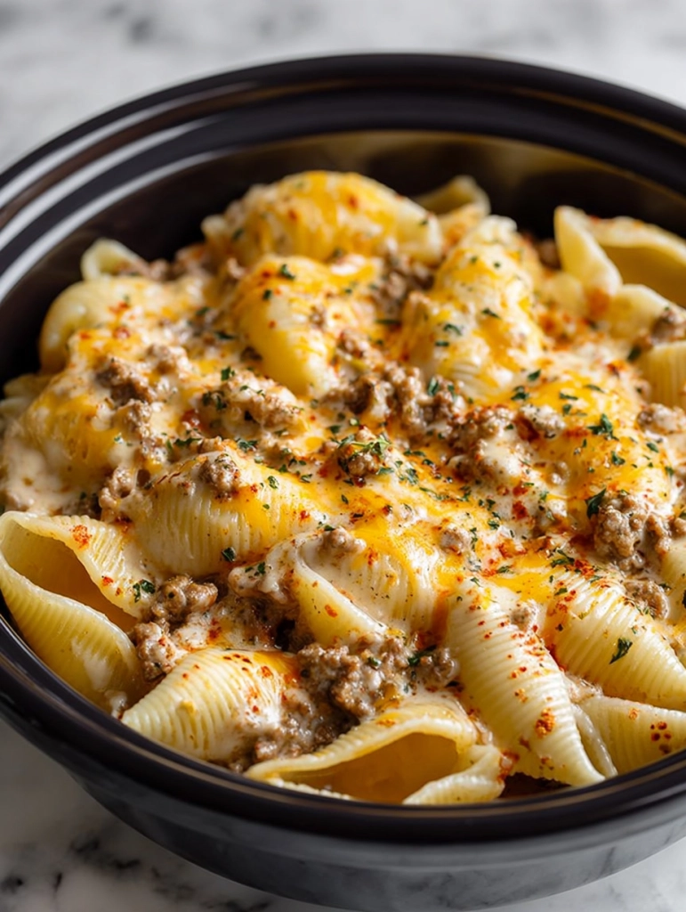Slow Cooker Cheesy Ranch Beef Pasta Shells