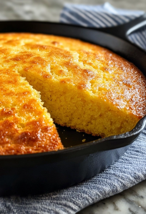 Golden skillet cornbread with a slice removed