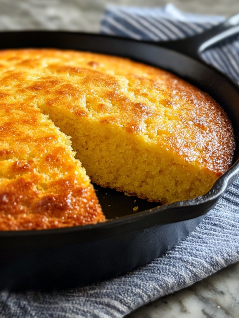 Golden skillet cornbread with a slice removed