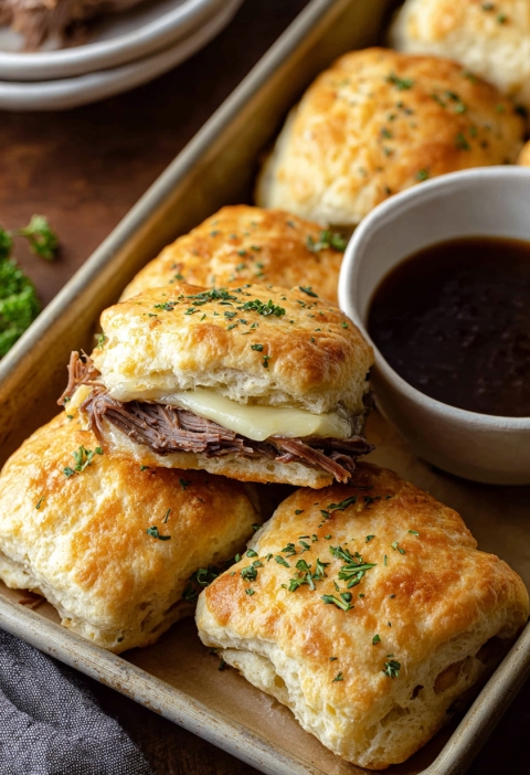 Baked French Dip Biscuits – A Cozy Classic with a Buttery, Cheesy Twist