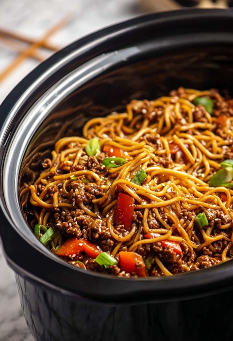 Slow Cooker Mongolian Ground Beef Chow Mein