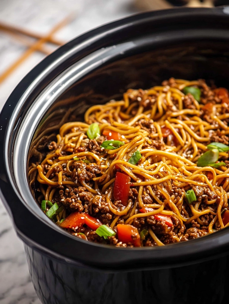 Slow Cooker Mongolian Ground Beef Chow Mein