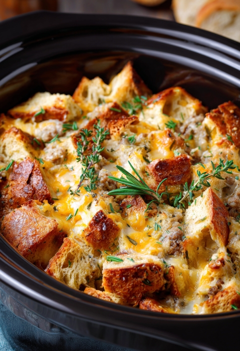 Slow Cooker Savory Bread Pudding with Sausage and Cheese