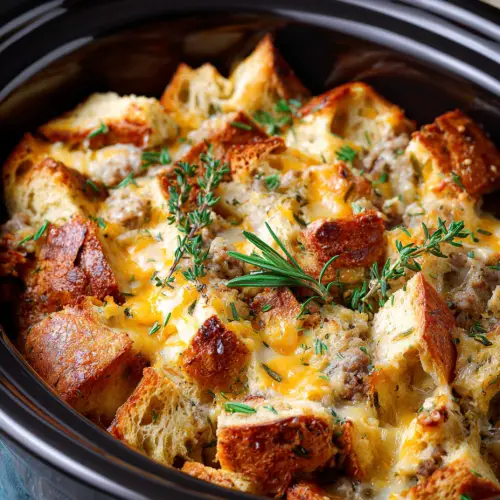 Slow Cooker Savory Bread Pudding with Sausage and Cheese