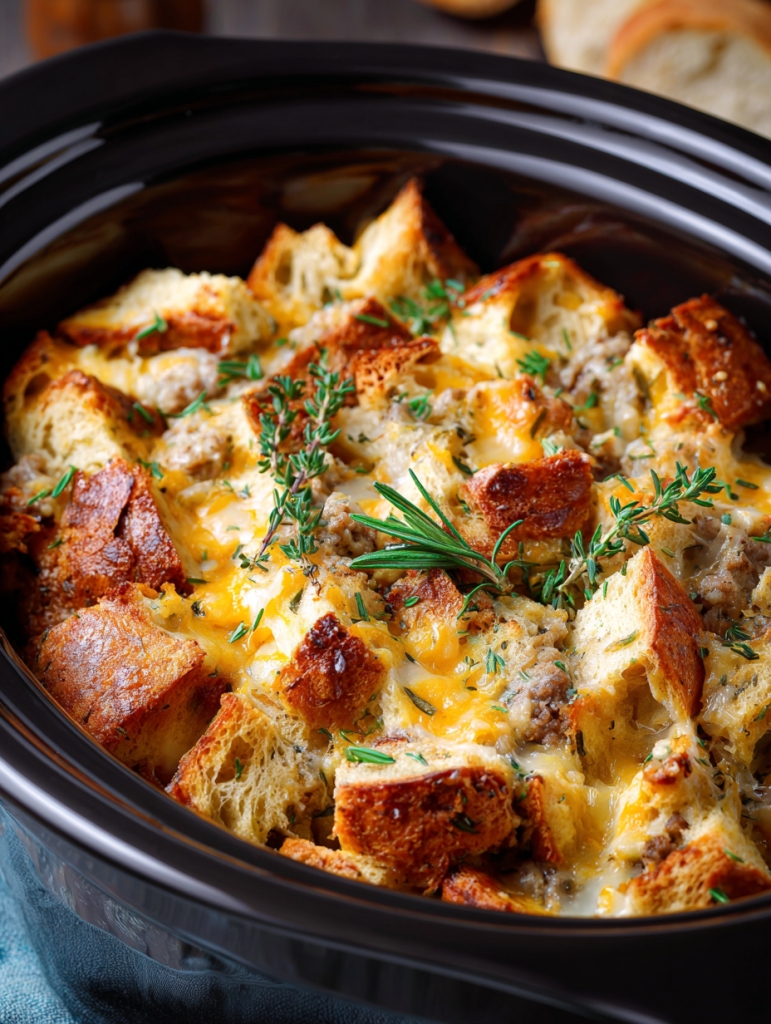 Slow Cooker Savory Bread Pudding with Sausage and Cheese