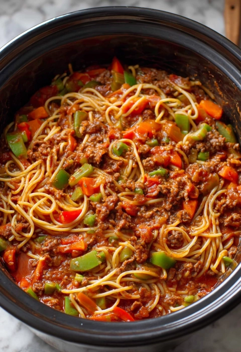 Slow Cooker Hearty Beef and Vegetable Spaghetti
