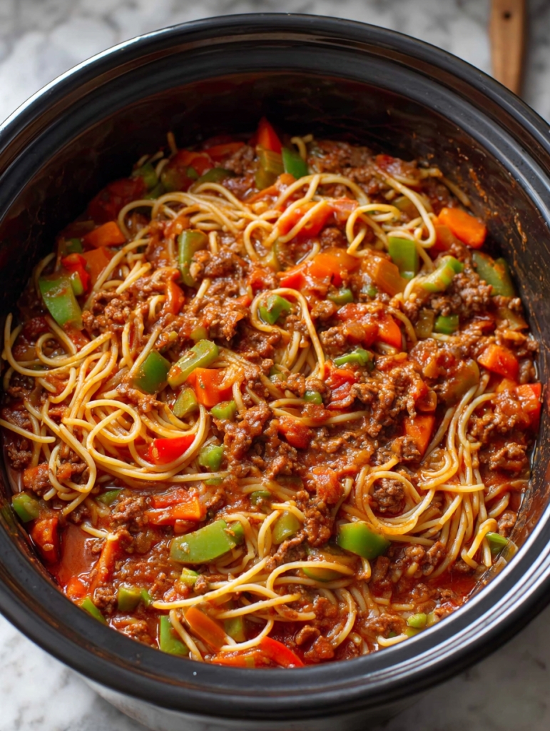 Slow Cooker Hearty Beef and Vegetable Spaghetti