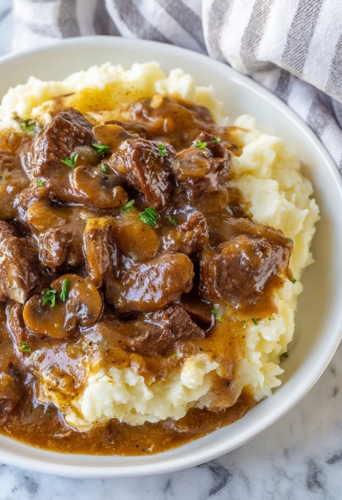 Melt-In-Your-Mouth Beef Tips with Mushroom Gravy
