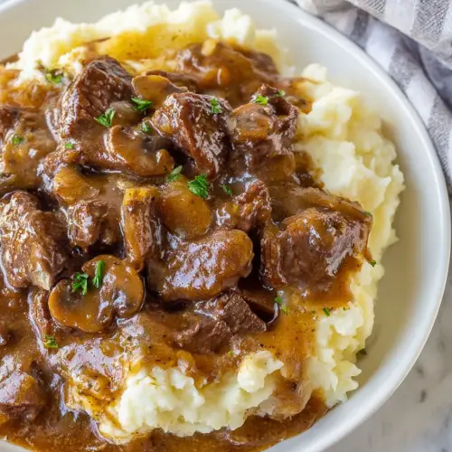 Melt-In-Your-Mouth Beef Tips with Mushroom Gravy