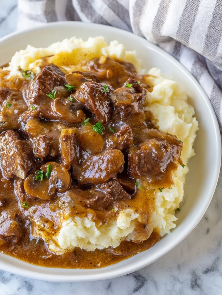 Melt-In-Your-Mouth Beef Tips with Mushroom Gravy