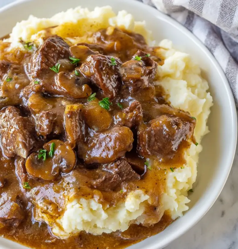 Melt-In-Your-Mouth Beef Tips with Mushroom Gravy