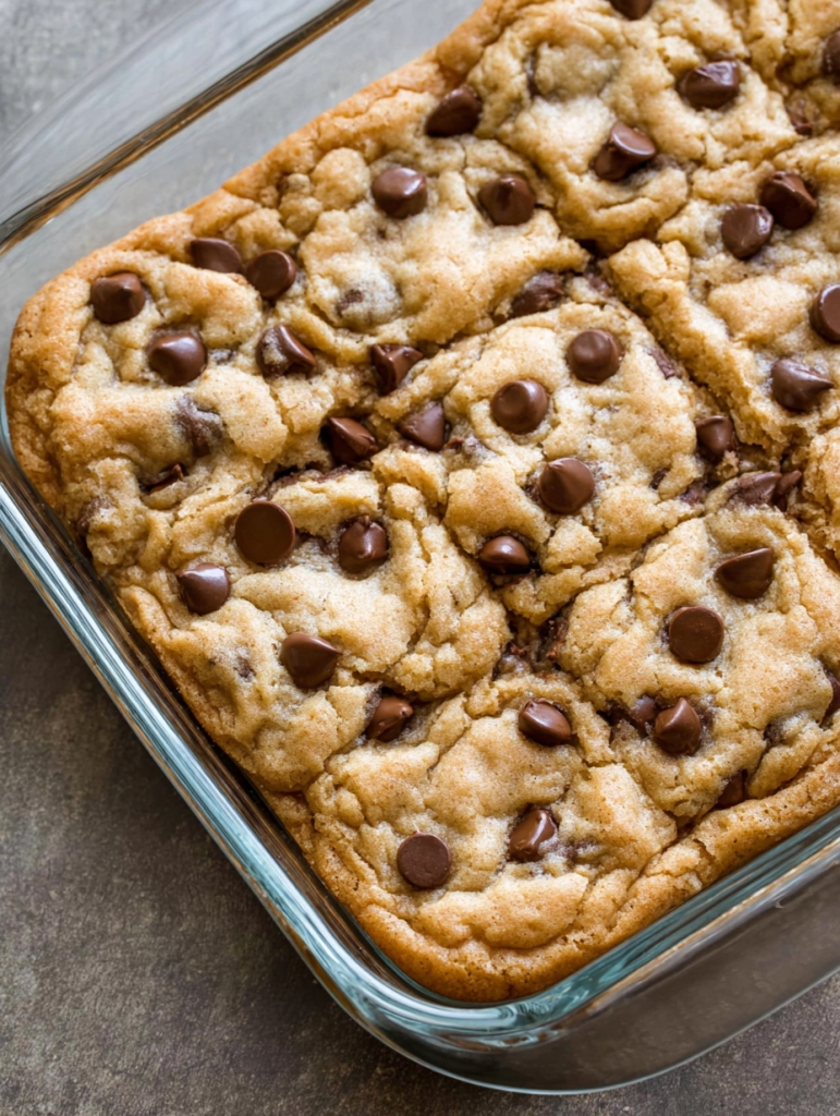 Chocolate chip pan chewies cut into bars in a glass baking dish
