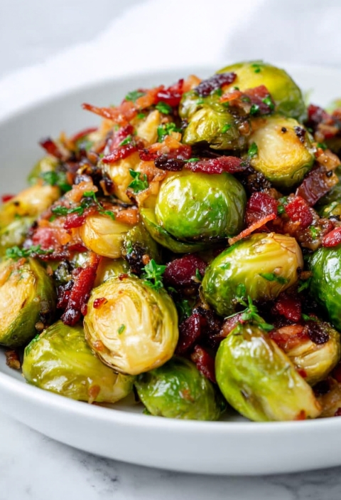 Roasted Brussels Sprouts with Crispy Pancetta & Pepper Jelly Vinaigrette