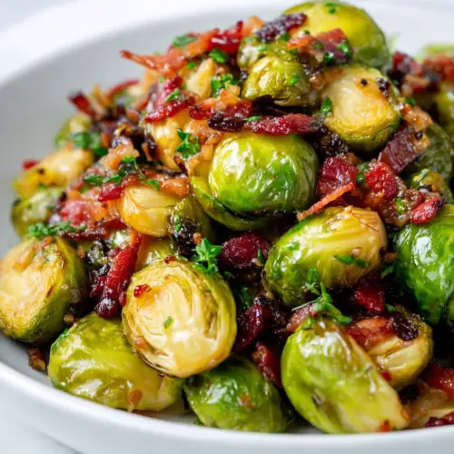 Roasted Brussels Sprouts with Crispy Pancetta & Pepper Jelly Vinaigrette