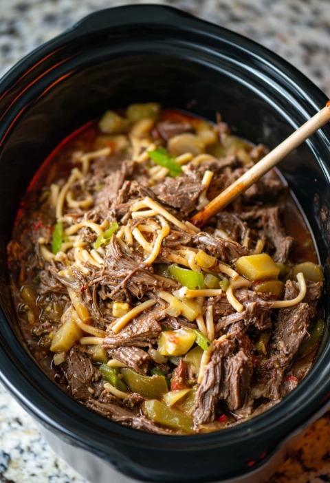 Slow Cooker Mississippi Beef Noodles