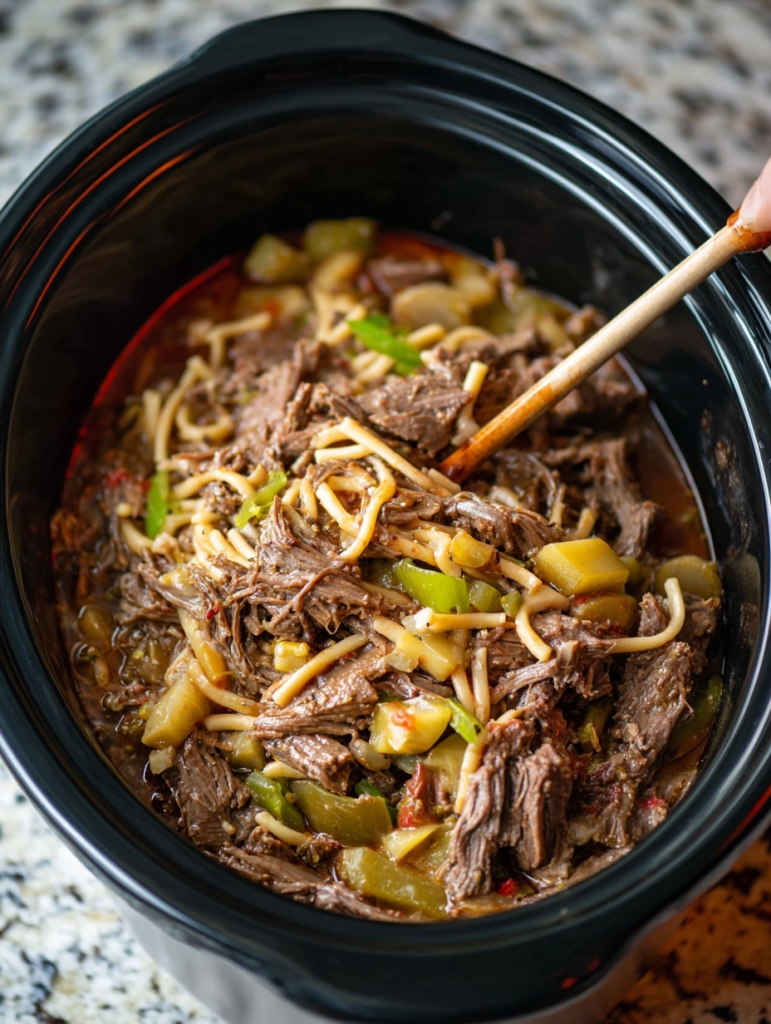 Slow Cooker Mississippi Beef Noodles