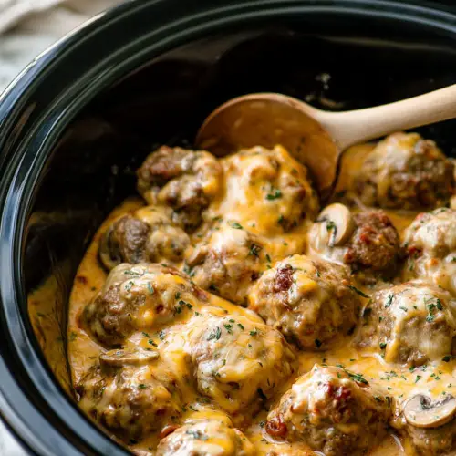 Slow Cooker Cheesy Mushroom Meatballs