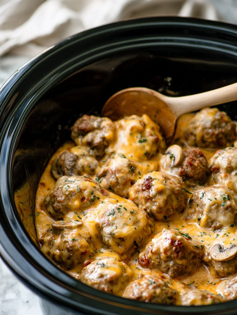 Slow Cooker Cheesy Mushroom Meatballs