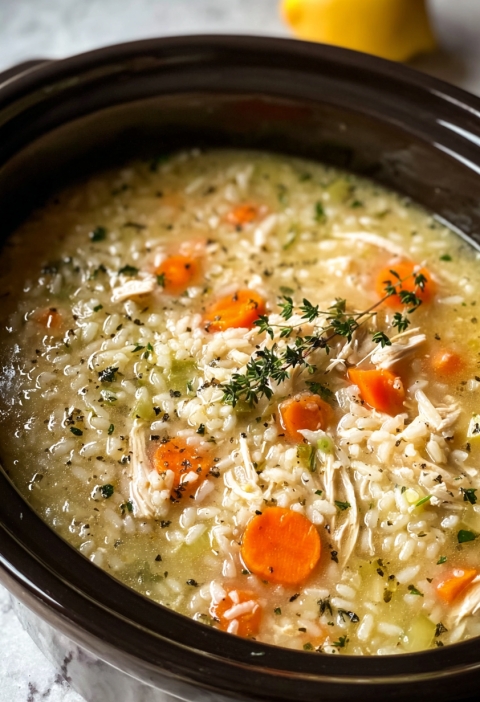 Slow Cooker Lemon Chicken & Herb Rice Soup