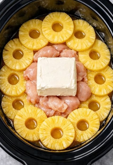 4-Ingredient Slow Cooker Chicken & Cream Cheese with Pineapple Rings