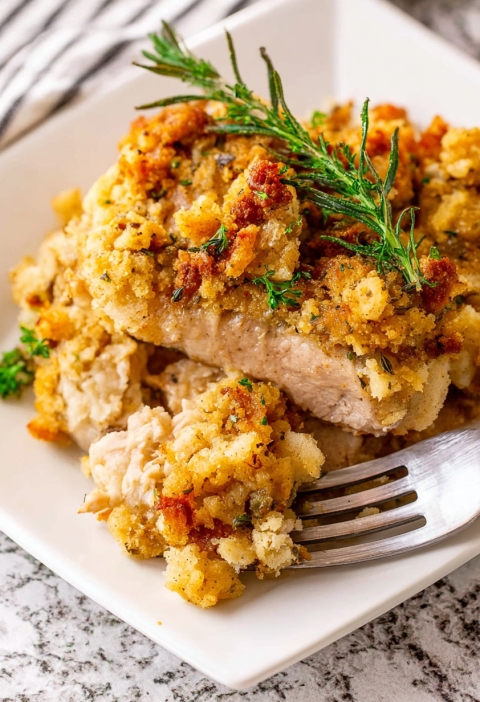 4-Ingredient Slow Cooker Pork Chops with Stuffing Crust