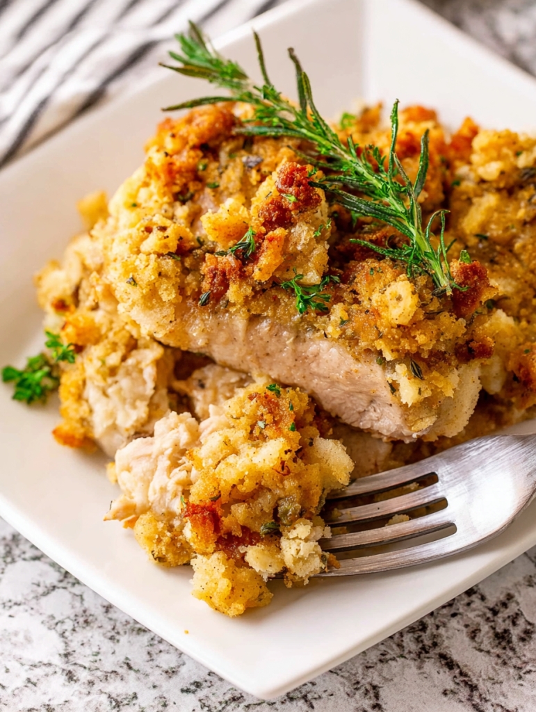 4-Ingredient Slow Cooker Pork Chops with Stuffing Crust