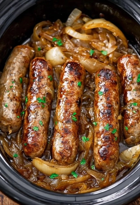Slow Cooker 4-Ingredient Bangers and Onions