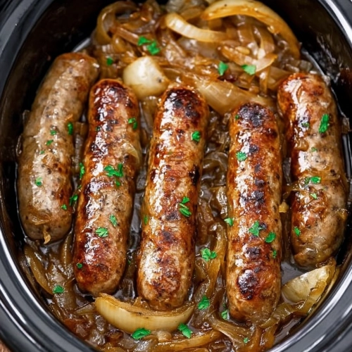 Slow Cooker 4-Ingredient Bangers and Onions