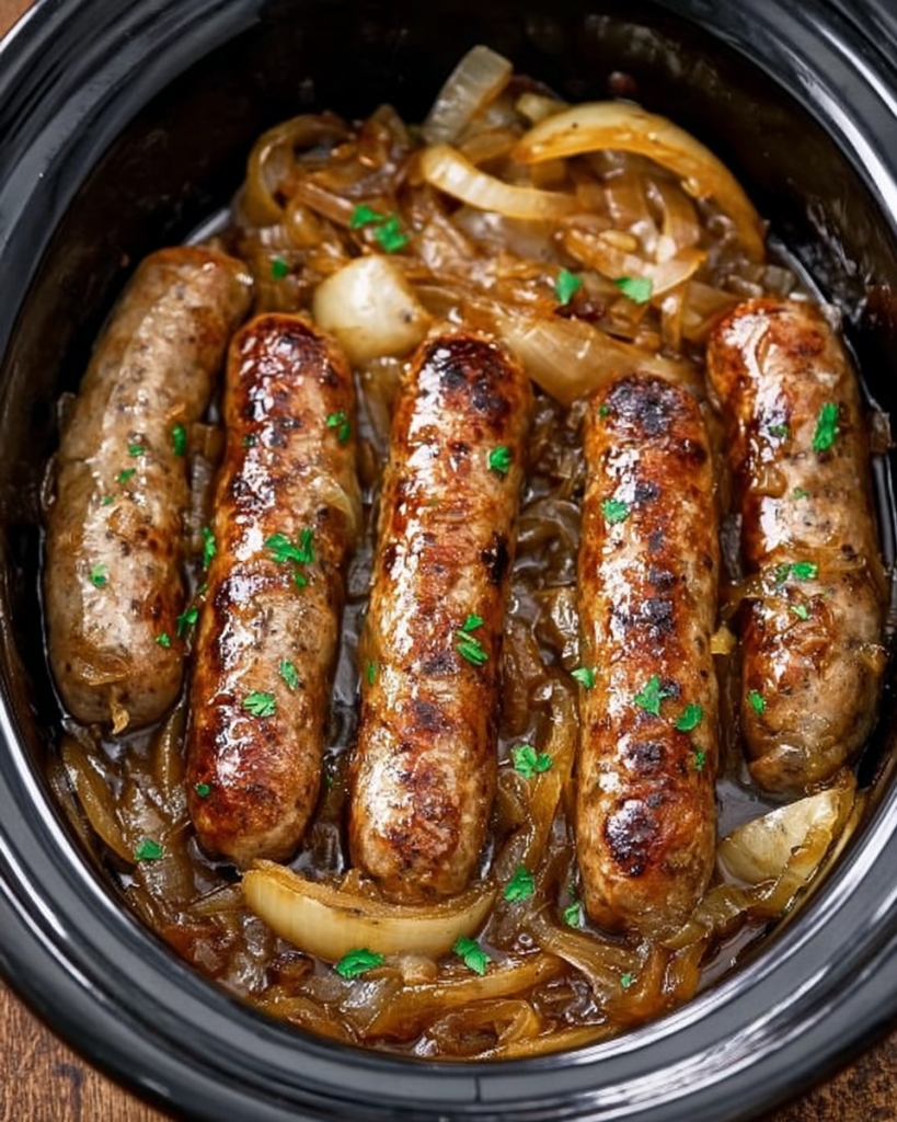 Slow Cooker 4-Ingredient Bangers and Onions