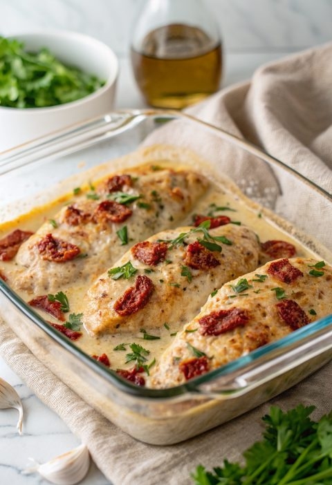 Creamy Sun-Dried Tomato Pour-Over Baked Chicken Breasts
