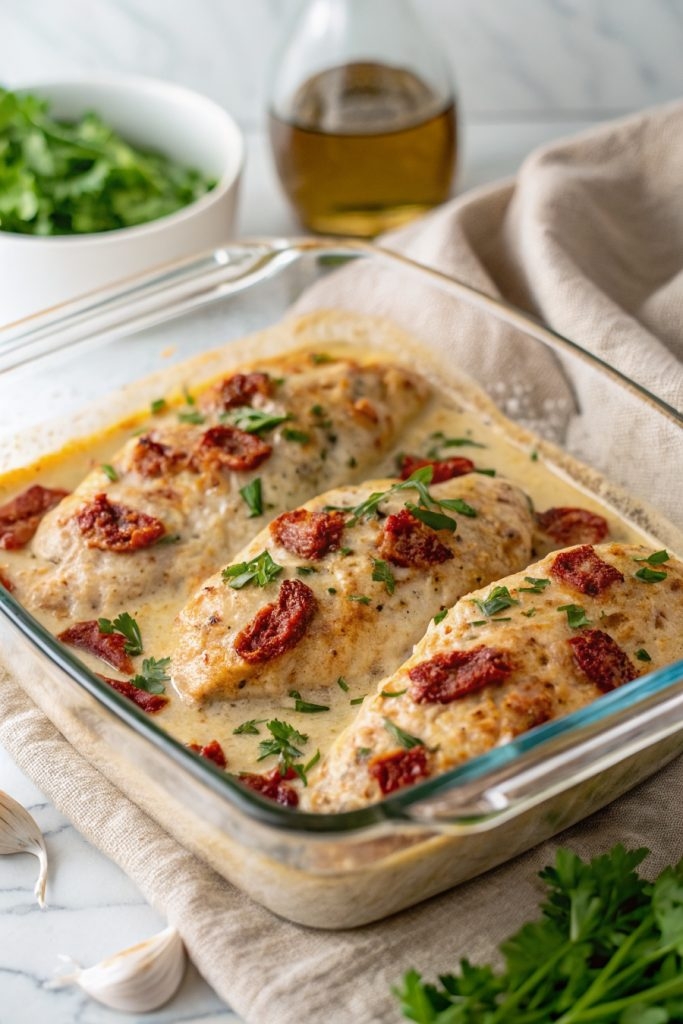 Creamy Sun-Dried Tomato Pour-Over Baked Chicken Breasts
