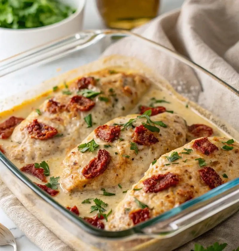 Creamy Sun-Dried Tomato Pour-Over Baked Chicken Breasts