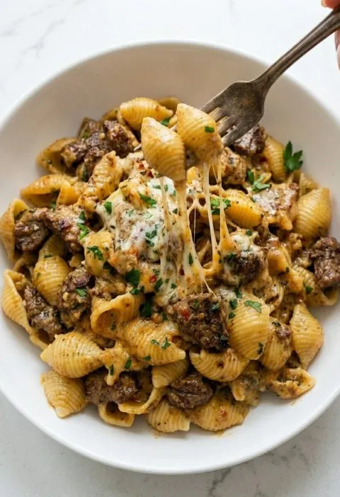 Garlic Butter Steak Bites & Creamy Parmesan Shells
