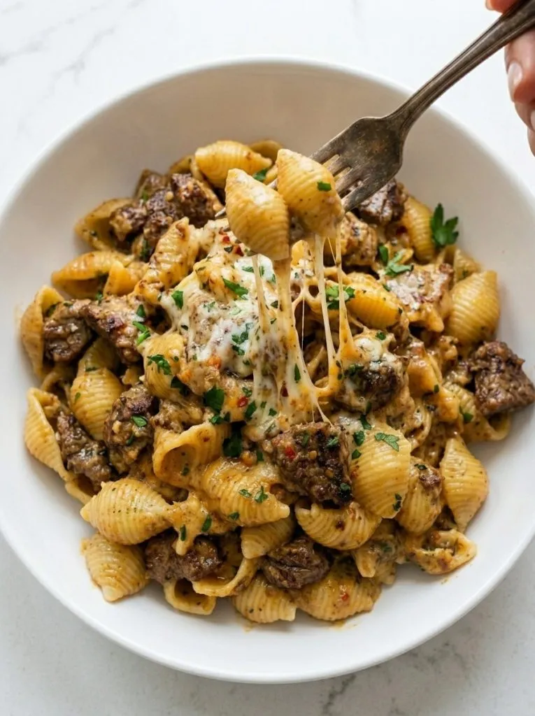 Garlic Butter Steak Bites & Creamy Parmesan Shells