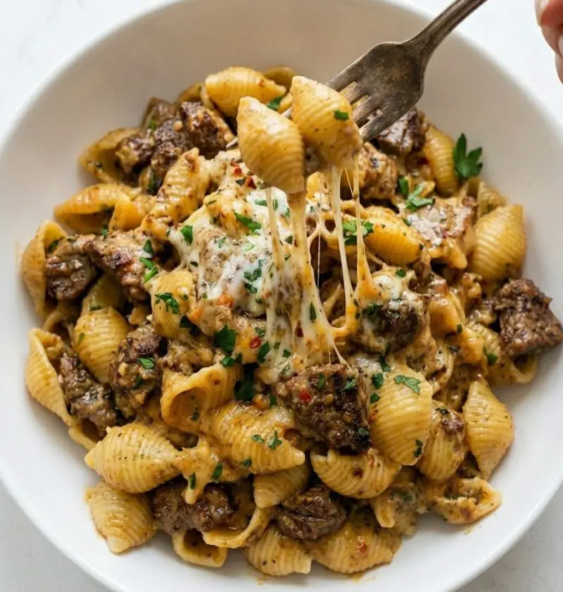 Garlic Butter Steak Bites & Creamy Parmesan Shells