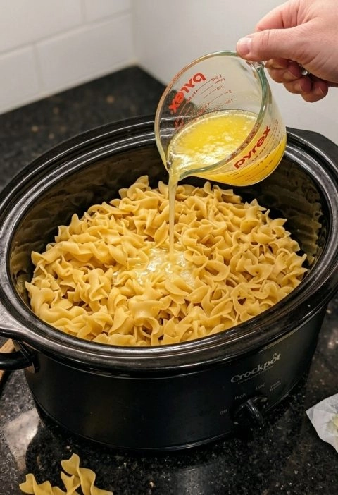 Slow Cooker Amish Garlic Butter Chicken Noodles