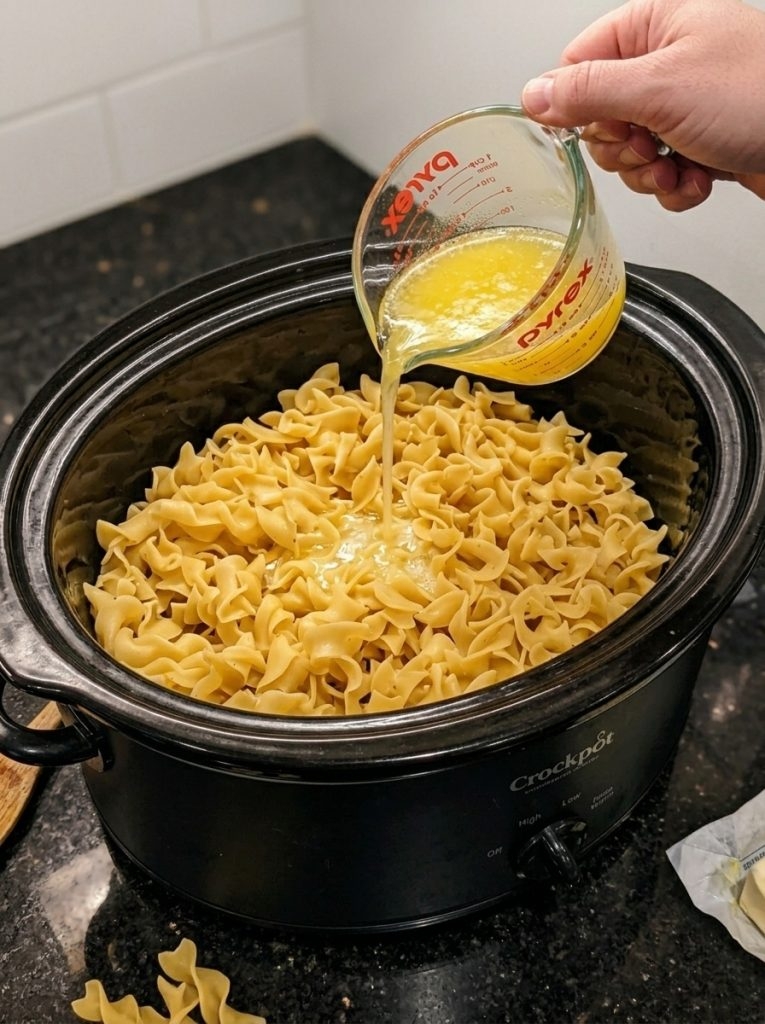 Slow Cooker Amish Garlic Butter Chicken Noodles