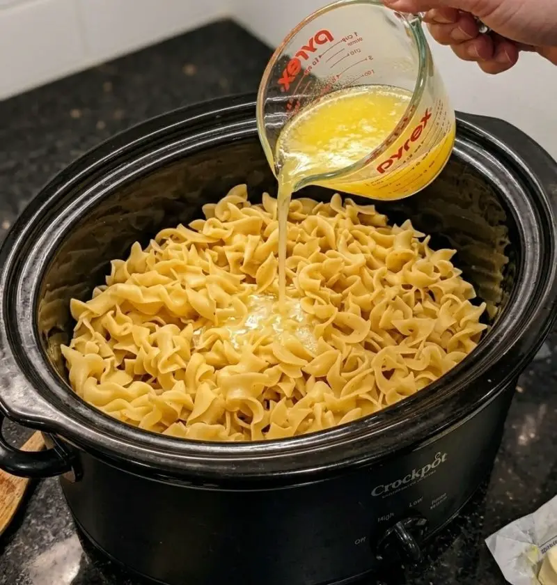 Slow Cooker Amish Garlic Butter Chicken Noodles