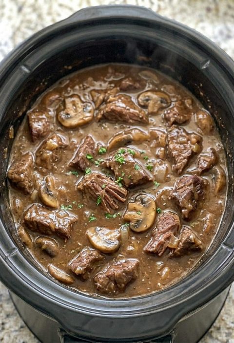 Slow Cooker 4-Ingredient Mushroom Beef Tips