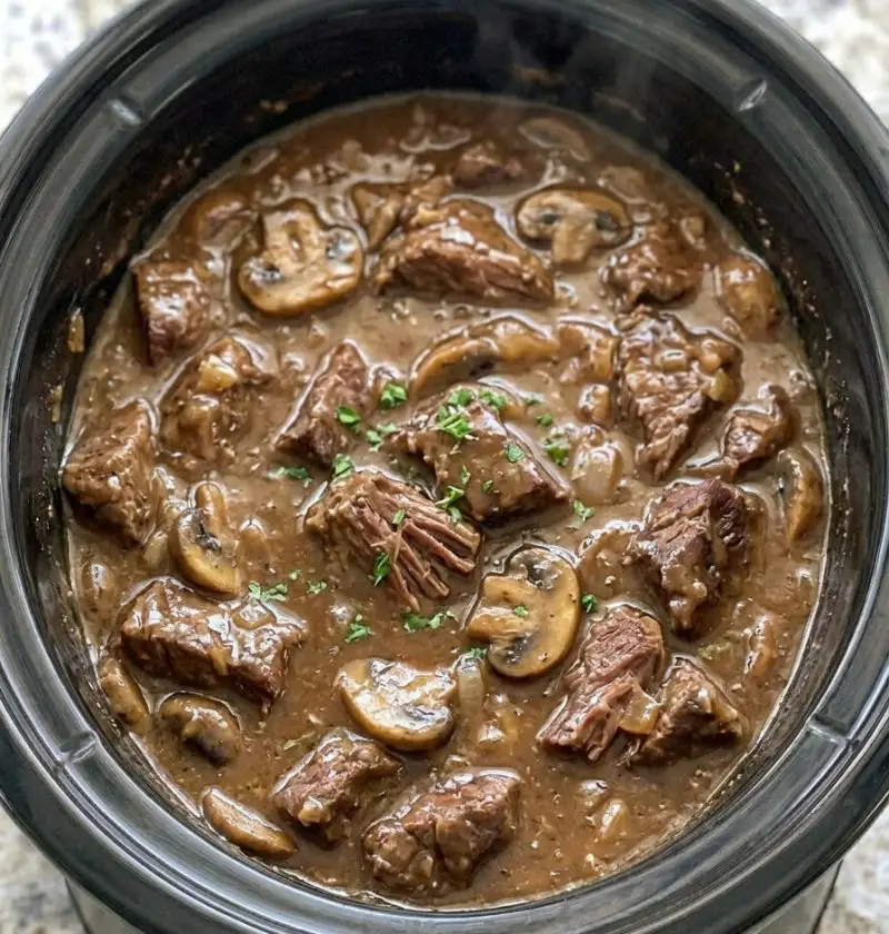 Slow Cooker 4-Ingredient Mushroom Beef Tips