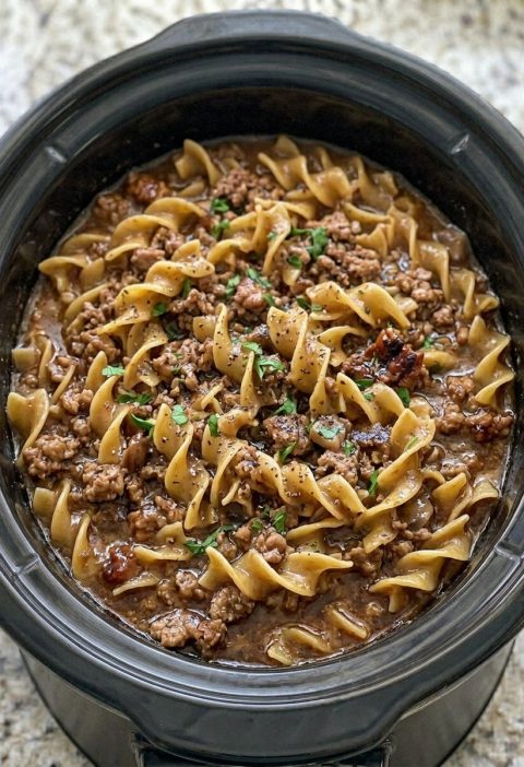 Slow Cooker Ground Pork Noodles