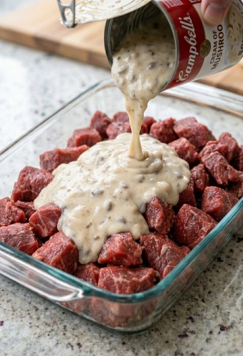 Oven-Baked 4-Ingredient Creamy Mushroom Beef Bake