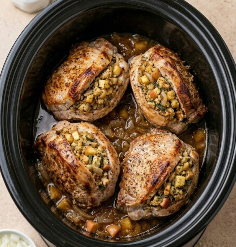 Slow Cooker 3-Ingredient Stuffed Pork Chops