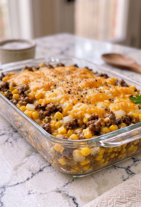 Oven Baked 5-Ingredient Amish Beef and Corn Casserole