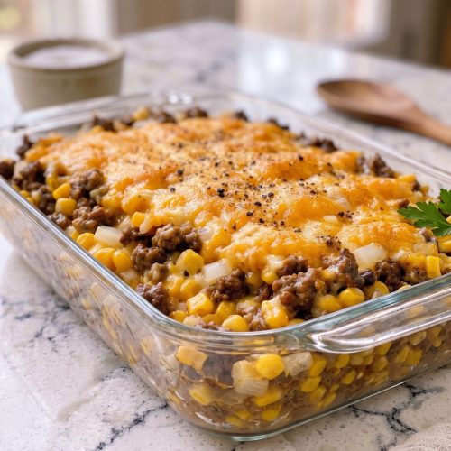 Oven Baked 5-Ingredient Amish Beef and Corn Casserole
