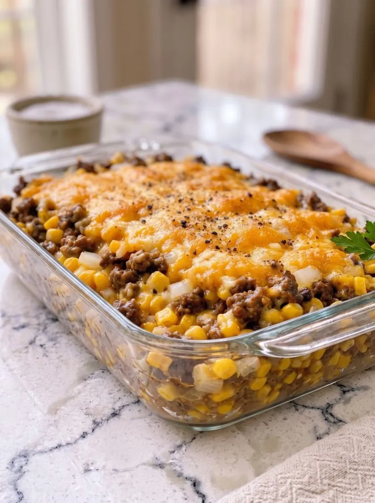 Oven Baked 5-Ingredient Amish Beef and Corn Casserole