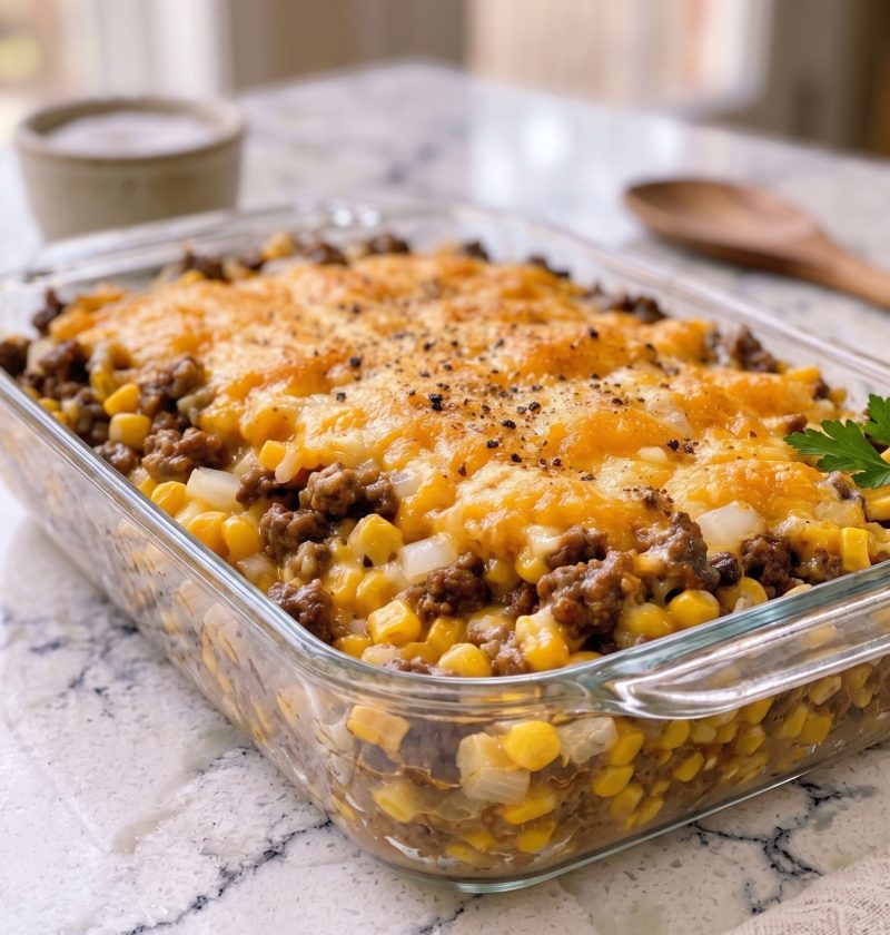 Oven Baked 5-Ingredient Amish Beef and Corn Casserole