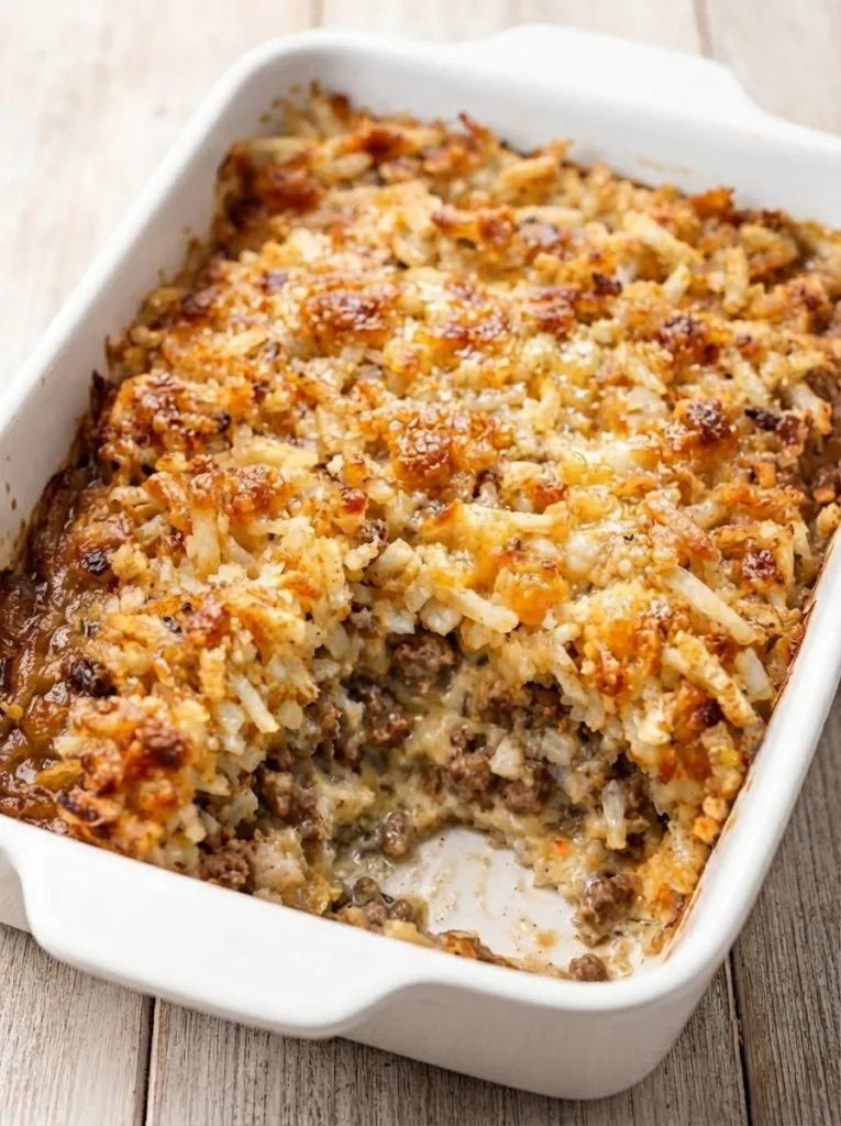 Oven Baked 4-Ingredient Amish Beef and Hashbrown Casserole